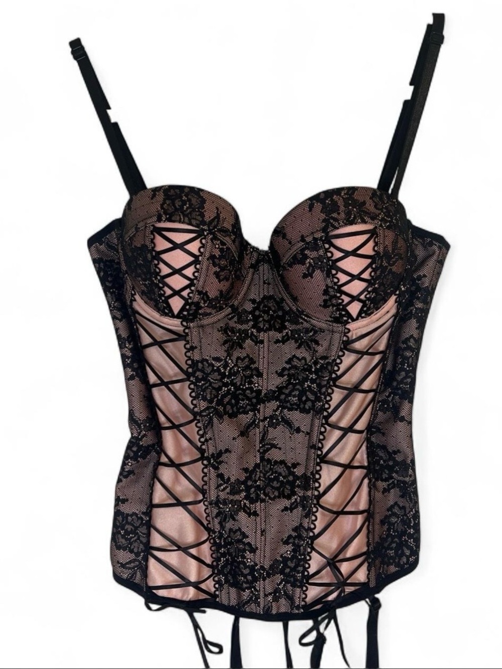 Frederick's of Hollywood Black Lace Over Pink Corset Bustier Top